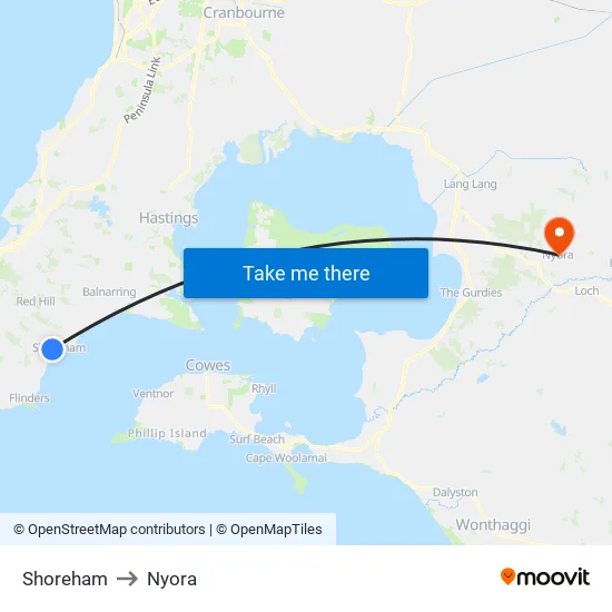 Shoreham to Nyora map