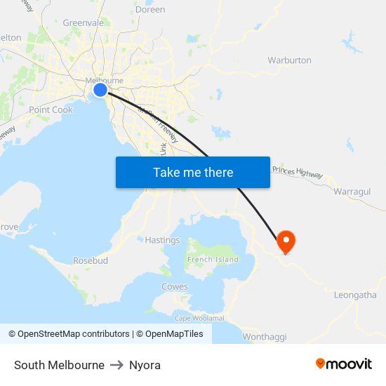 South Melbourne to Nyora map