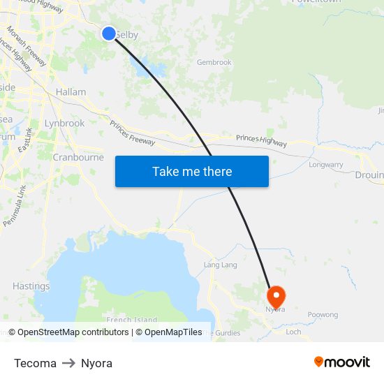 Tecoma to Nyora map