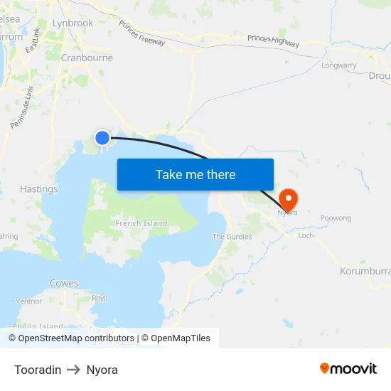 Tooradin to Nyora map