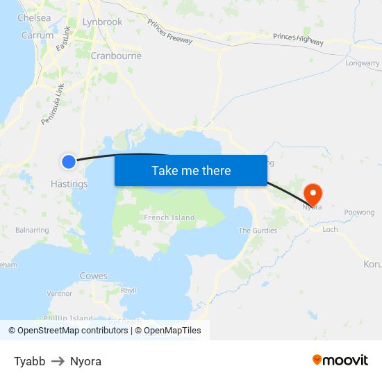 Tyabb to Nyora map