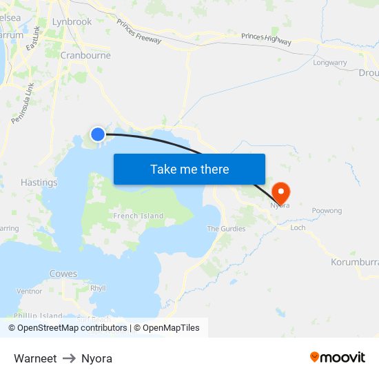 Warneet to Nyora map
