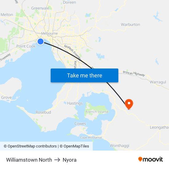 Williamstown North to Nyora map