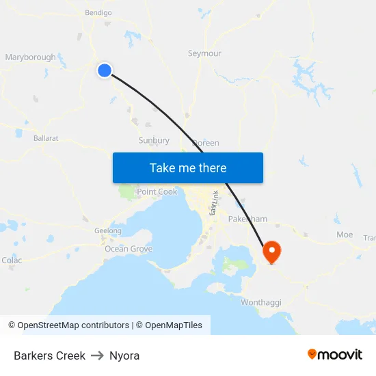 Barkers Creek to Nyora map