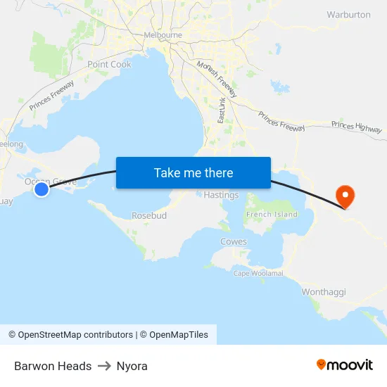 Barwon Heads to Nyora map