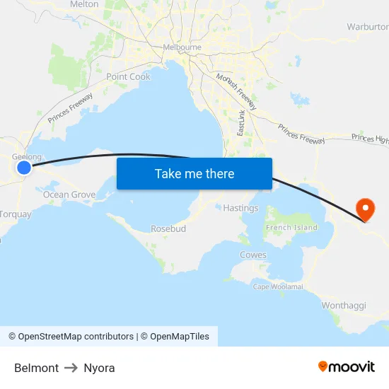 Belmont to Nyora map