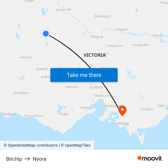 Birchip to Nyora map
