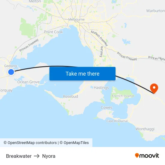 Breakwater to Nyora map