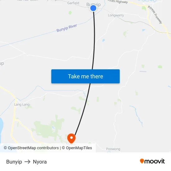 Bunyip to Nyora map