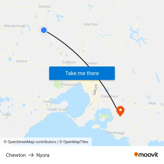Chewton to Nyora map