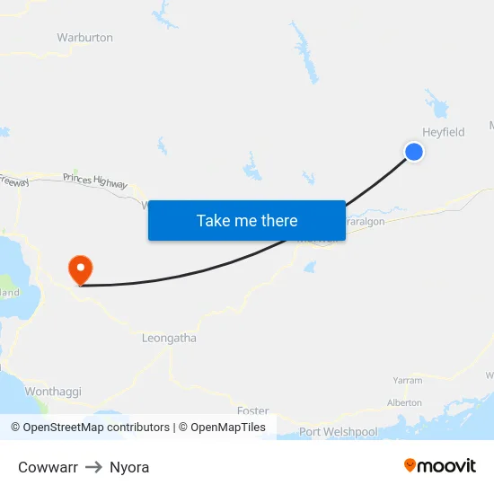 Cowwarr to Nyora map