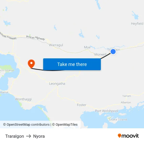 Traralgon to Nyora map