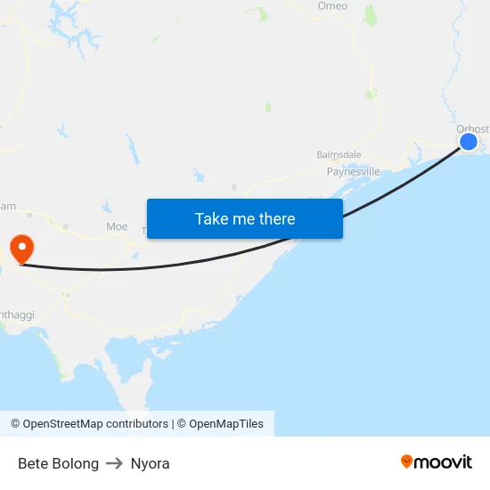 Bete Bolong to Nyora map