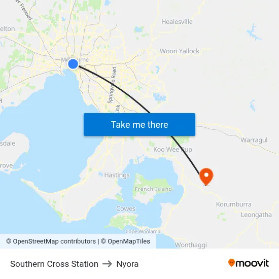 Southern Cross Station to Nyora map