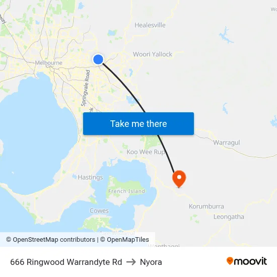 666 Ringwood Warrandyte Rd to Nyora map