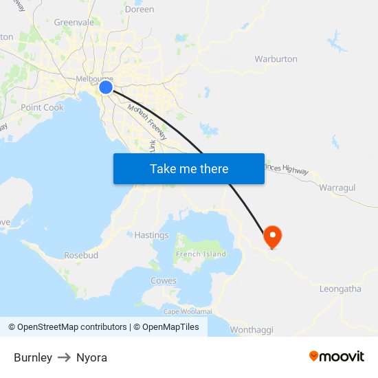 Burnley to Nyora map