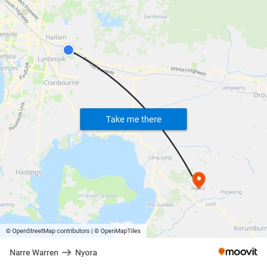Narre Warren to Nyora map