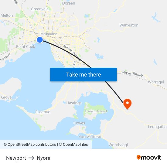 Newport to Nyora map