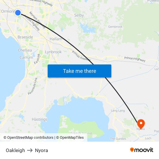 Oakleigh to Nyora map