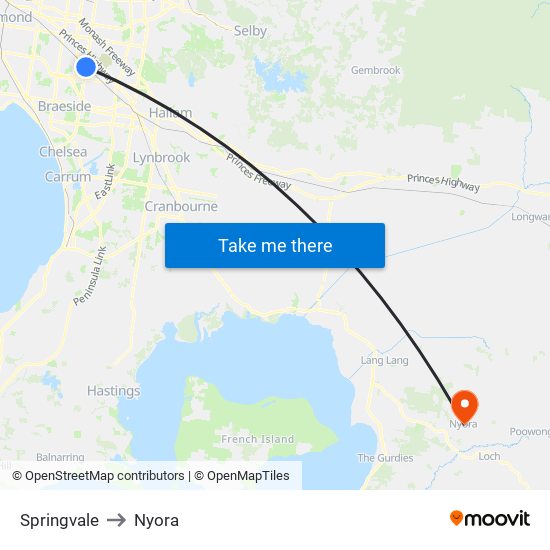 Springvale to Nyora map