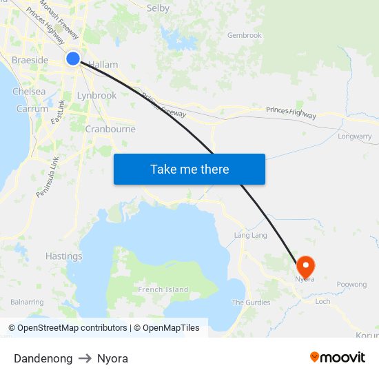 Dandenong to Nyora map