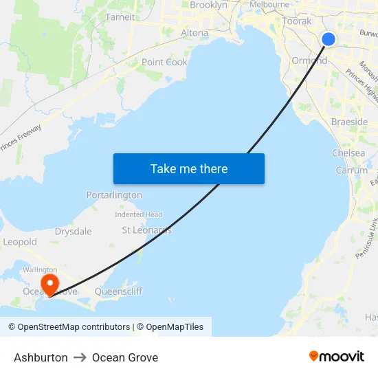 Ashburton to Ocean Grove map