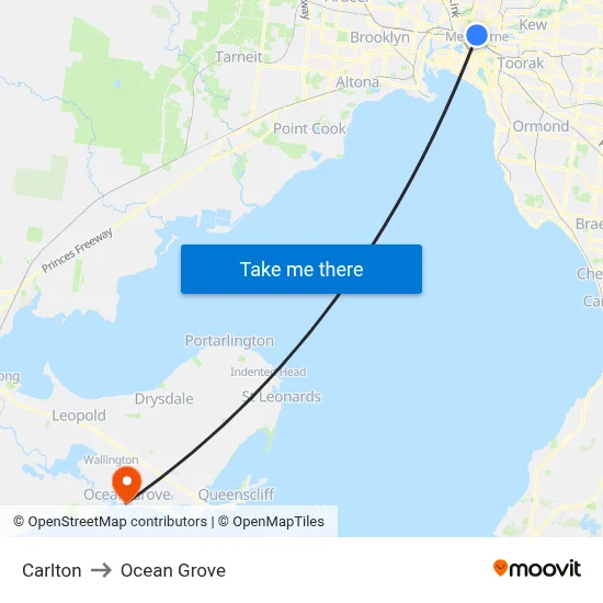 Carlton to Ocean Grove map