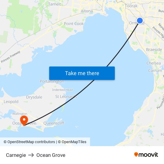 Carnegie to Ocean Grove map