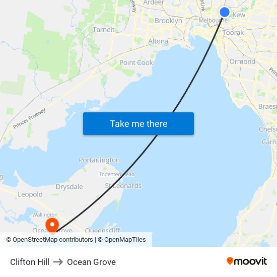 Clifton Hill to Ocean Grove map
