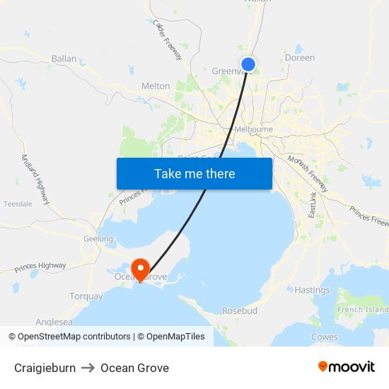 Craigieburn to Ocean Grove map