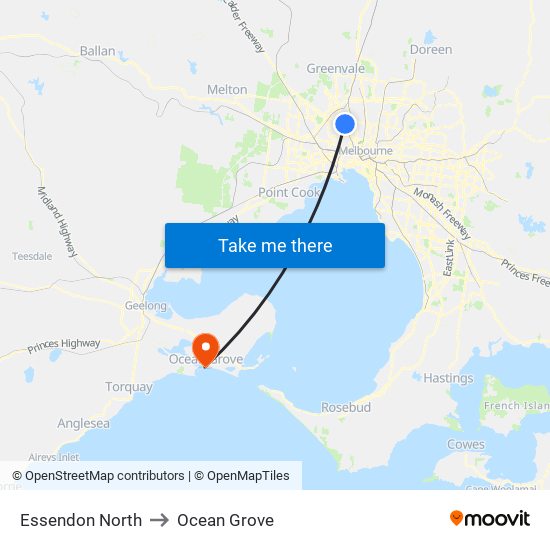 Essendon North to Ocean Grove map