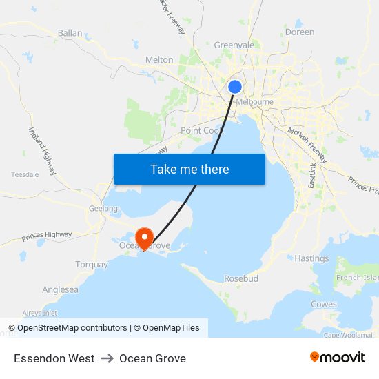 Essendon West to Ocean Grove map