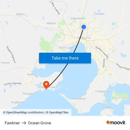 Fawkner to Ocean Grove map