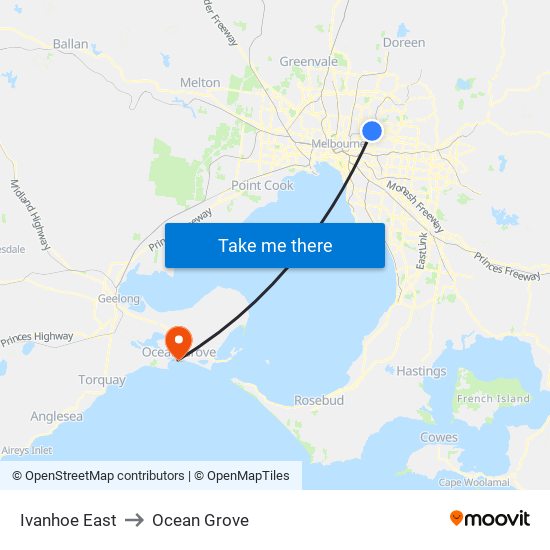 Ivanhoe East to Ocean Grove map