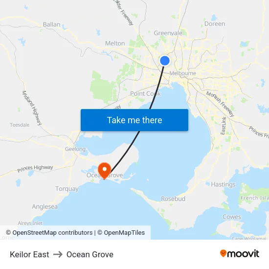 Keilor East to Ocean Grove map