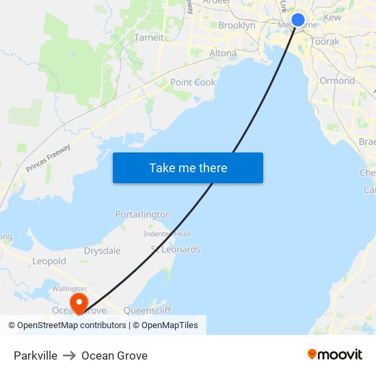 Parkville to Ocean Grove map