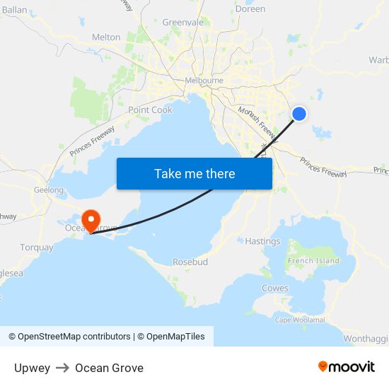 Upwey to Ocean Grove map