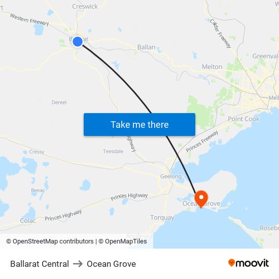 Ballarat Central to Ocean Grove map