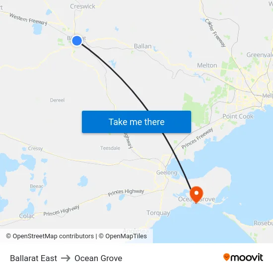 Ballarat East to Ocean Grove map