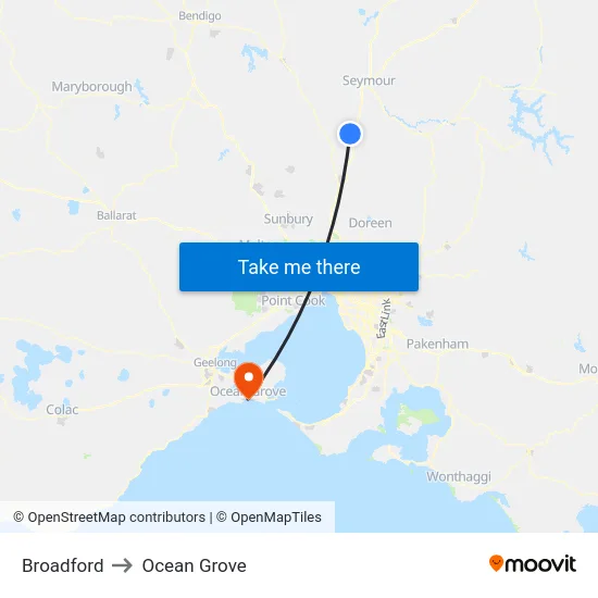 Broadford to Ocean Grove map