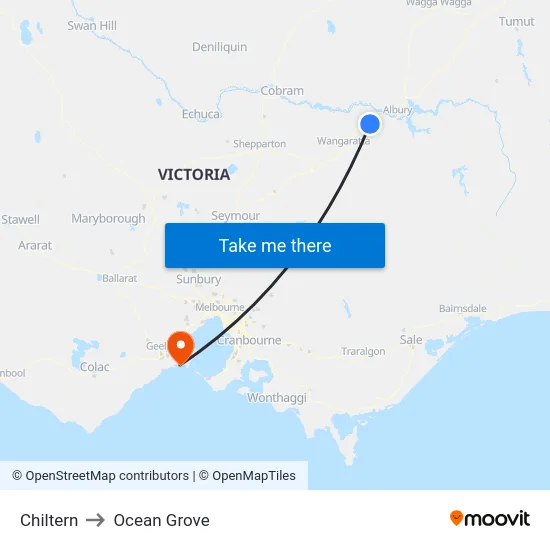 Chiltern to Ocean Grove map
