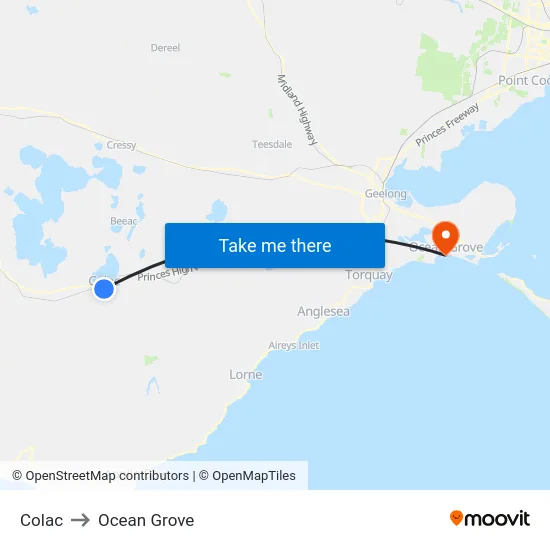 Colac to Ocean Grove map