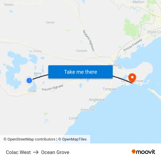 Colac West to Ocean Grove map