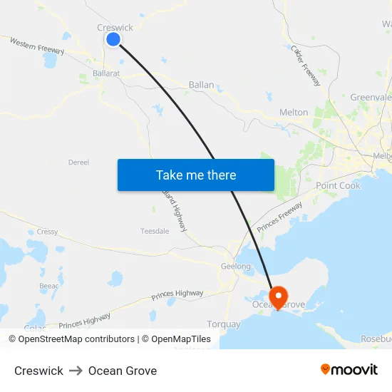 Creswick to Ocean Grove map