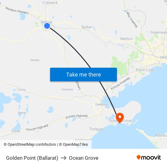 Golden Point (Ballarat) to Ocean Grove map