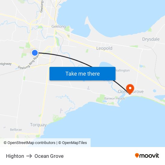 Highton to Ocean Grove map