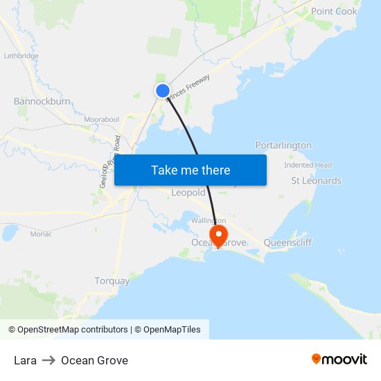 Lara to Ocean Grove map