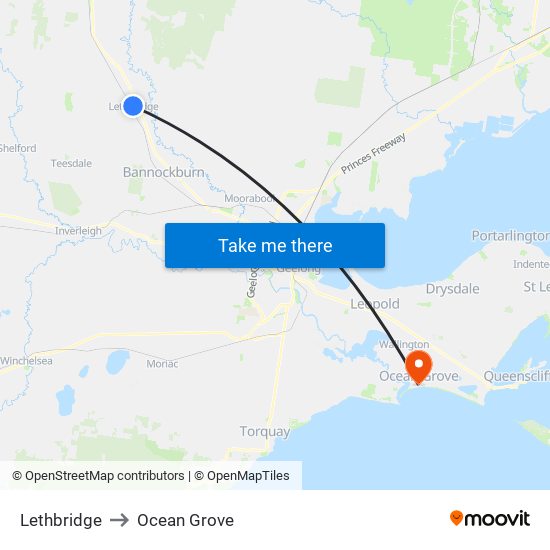 Lethbridge to Ocean Grove map