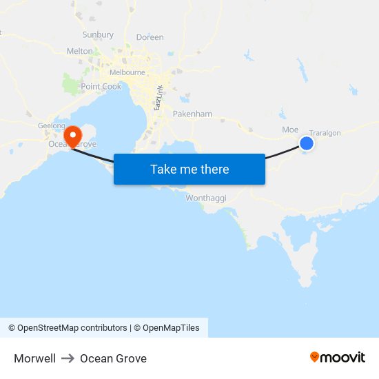 Morwell to Ocean Grove map