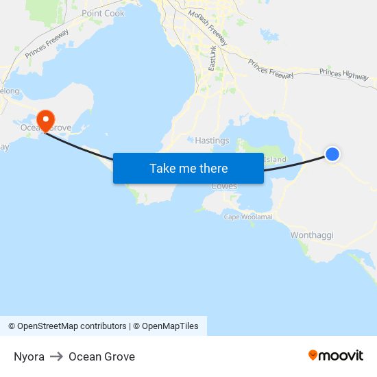Nyora to Ocean Grove map
